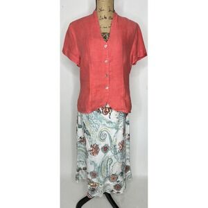 orvis women's top skirt set Peach 100% linen size 10 medium Printed Ruffed Skirt